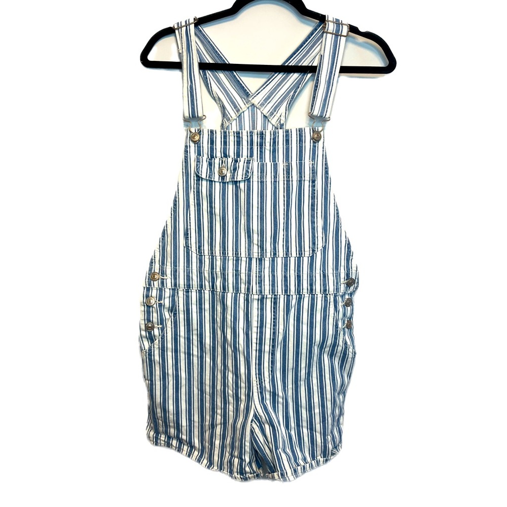 American Eagle Outfitters Blue and White Striped Denim Short Overalls